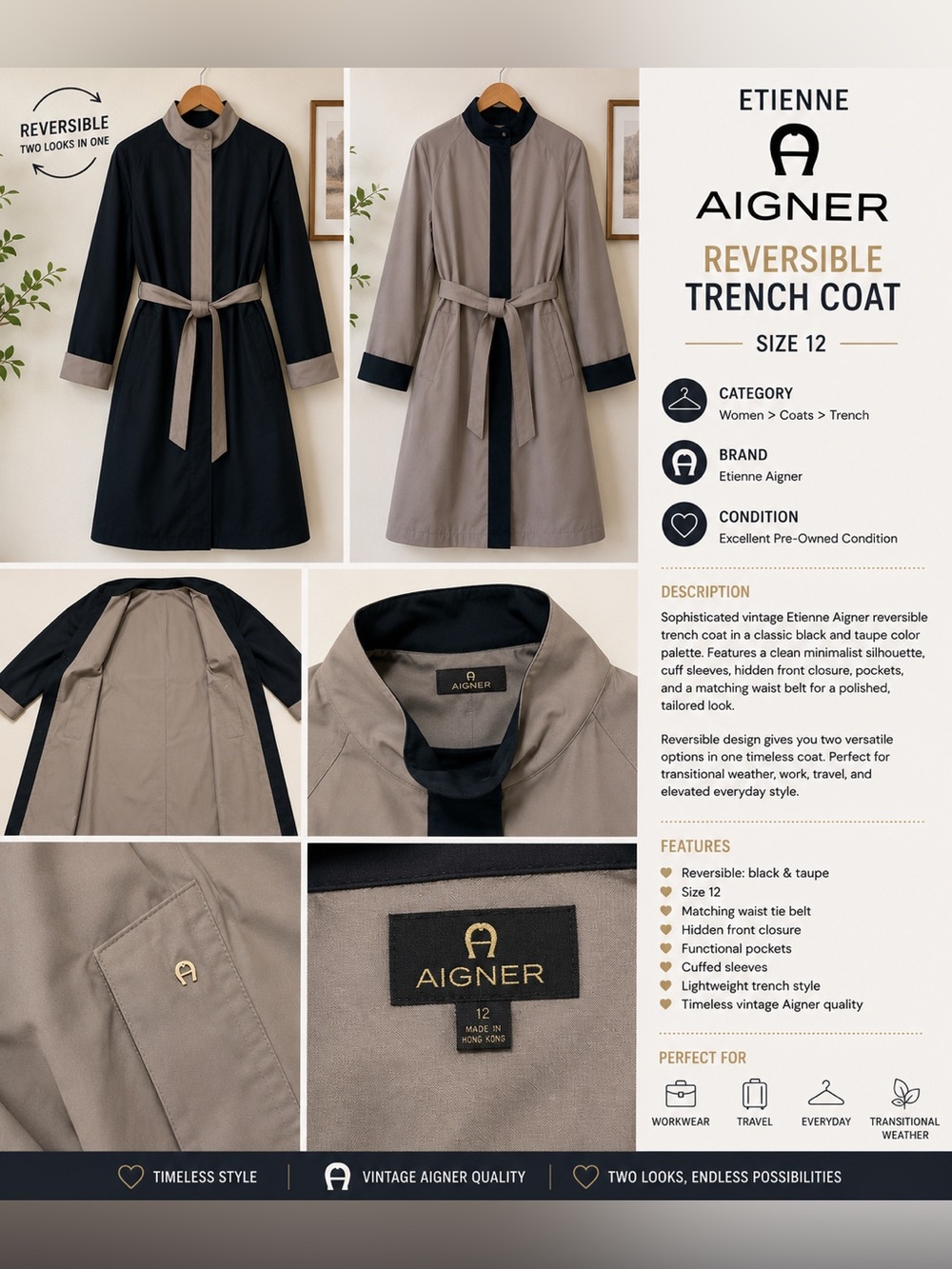 Etienne Aigner Vintage Reversible Trench Coat Size 12 Black & Taupe Belted Coat